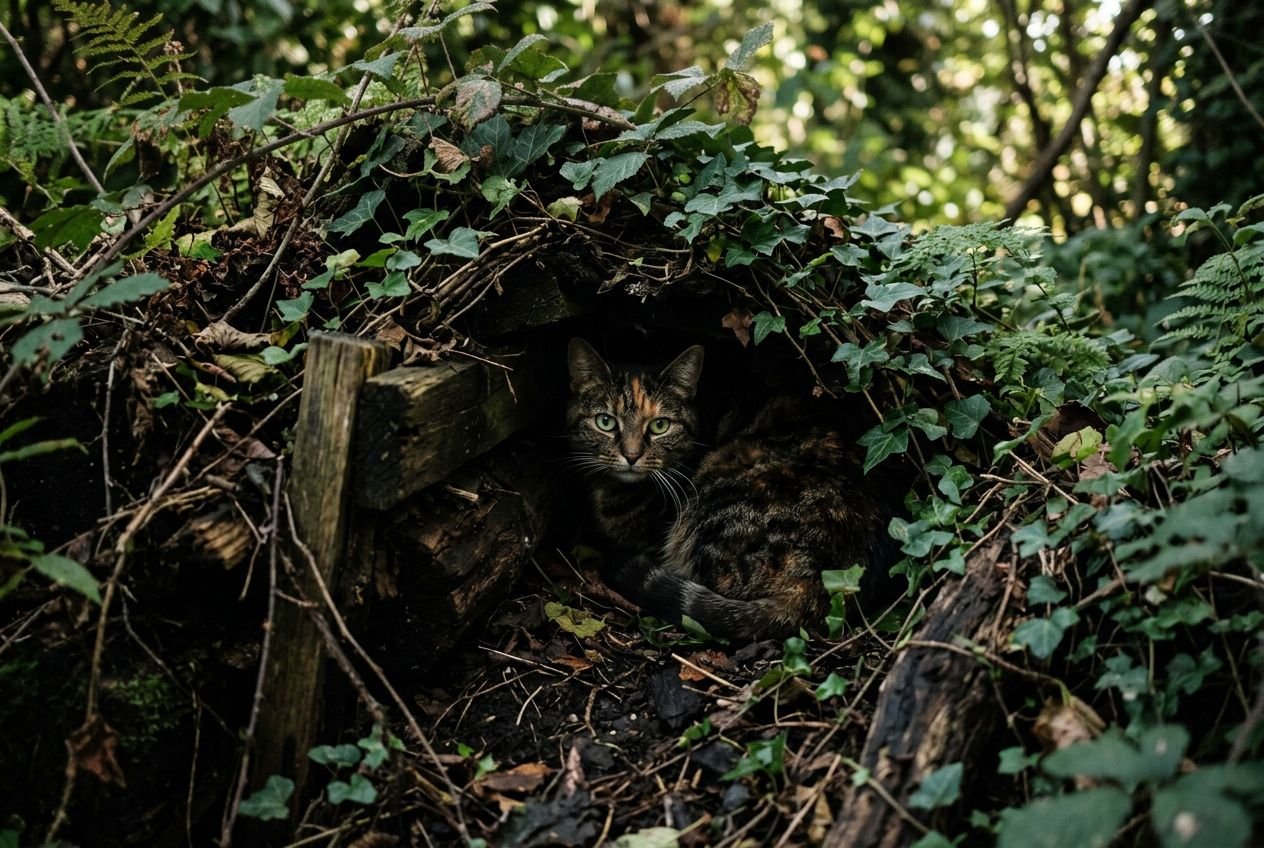 Chaton caché dans un antre forestier, enveloppé de végétation et de branches, regardant l’objectif. Règle 3-3-3 pour les chats portée.