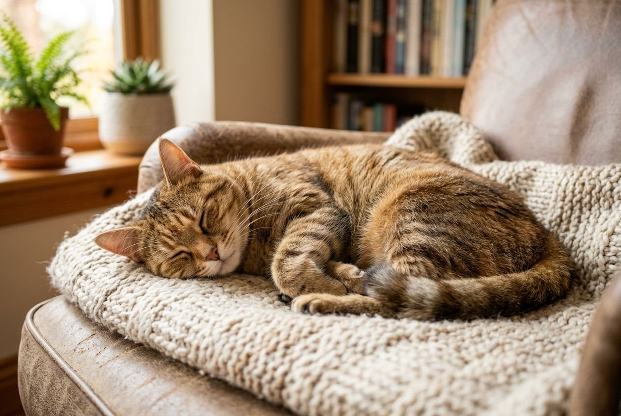Chaton ou chat domestique dormant paisiblement sur une couverture douillette, signe d’un chat heureux.