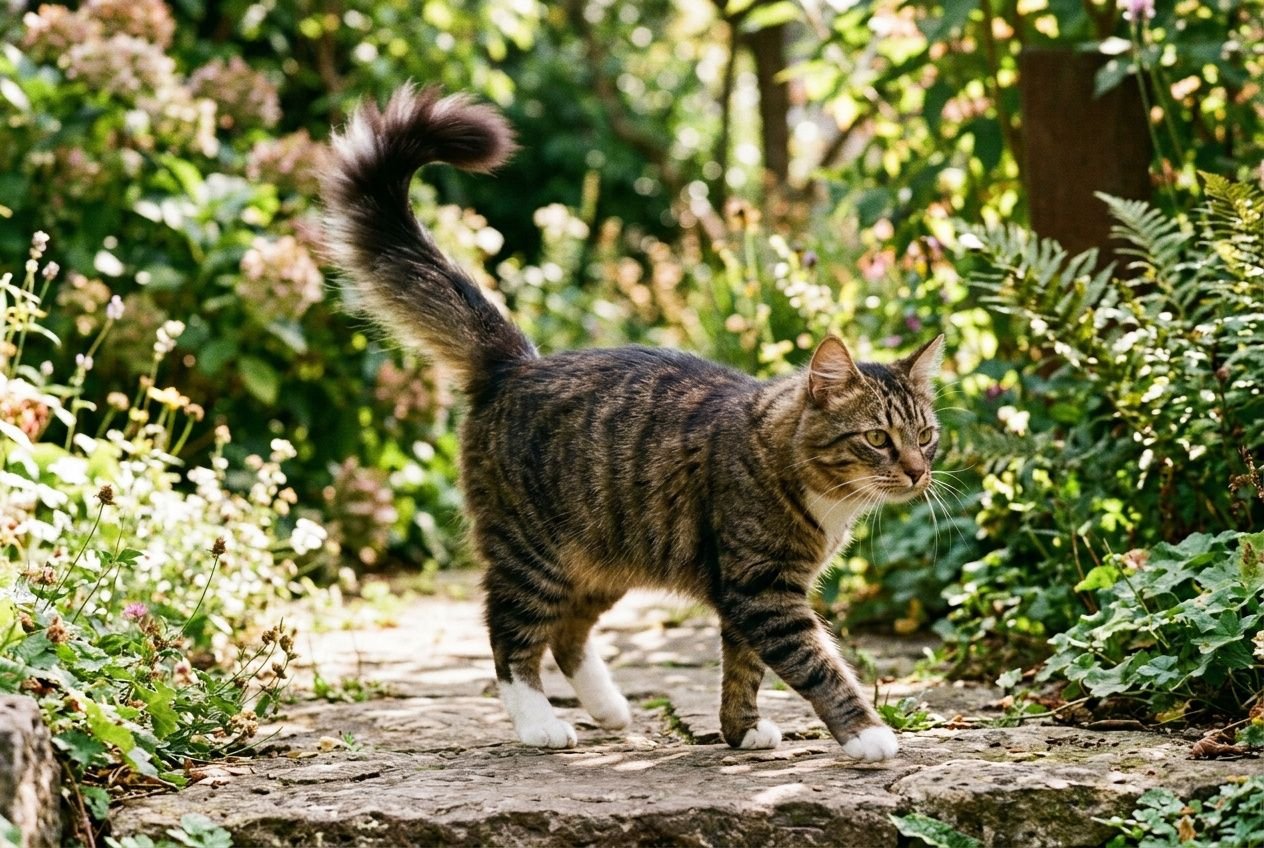 Chaton félin marchant sur un chemin de jardin, queue levée légèrement, dans un environnement verdoyant. Signification queue du chat évidente.