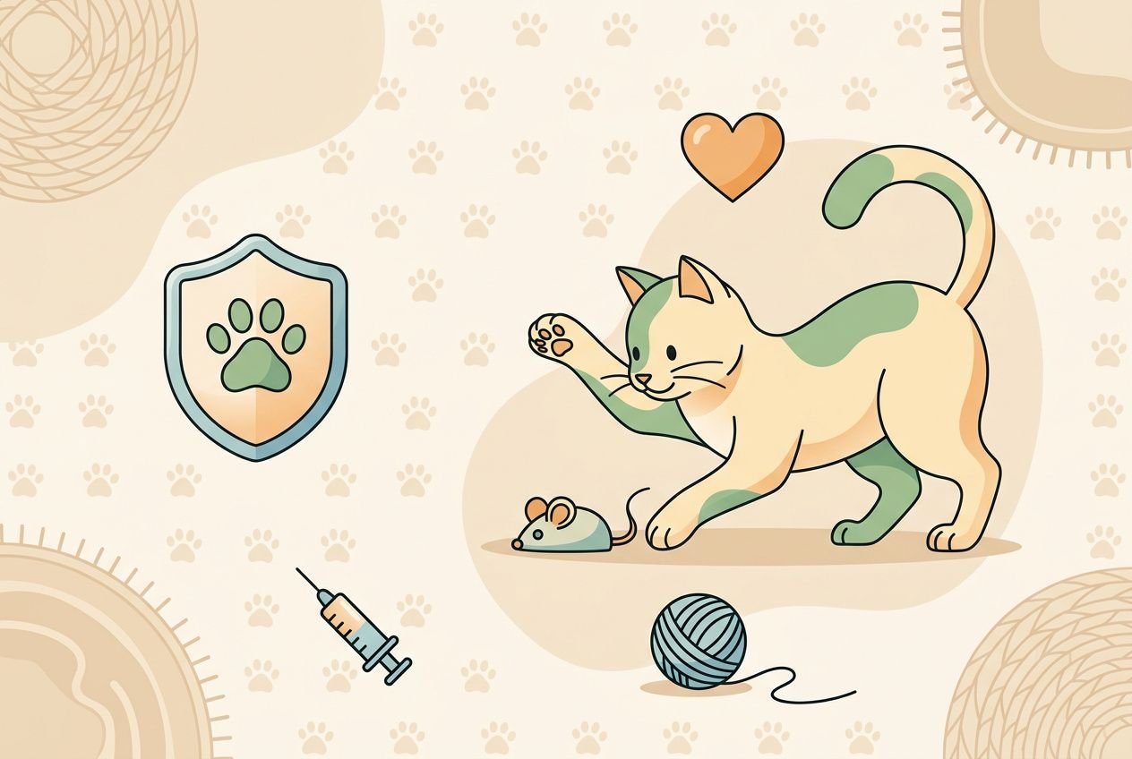 Chaton joueur avec balle et souris, entouré de jouets et symbole sécurité animale, illustrant comment bien s occuper de son chat.