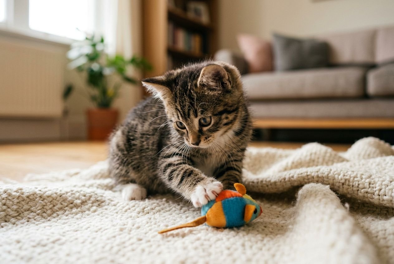 Chaton joueur sur un tapis, manipulant une peluche colorée; image adaptée au sujet: quel jouet acheter pour un chat.