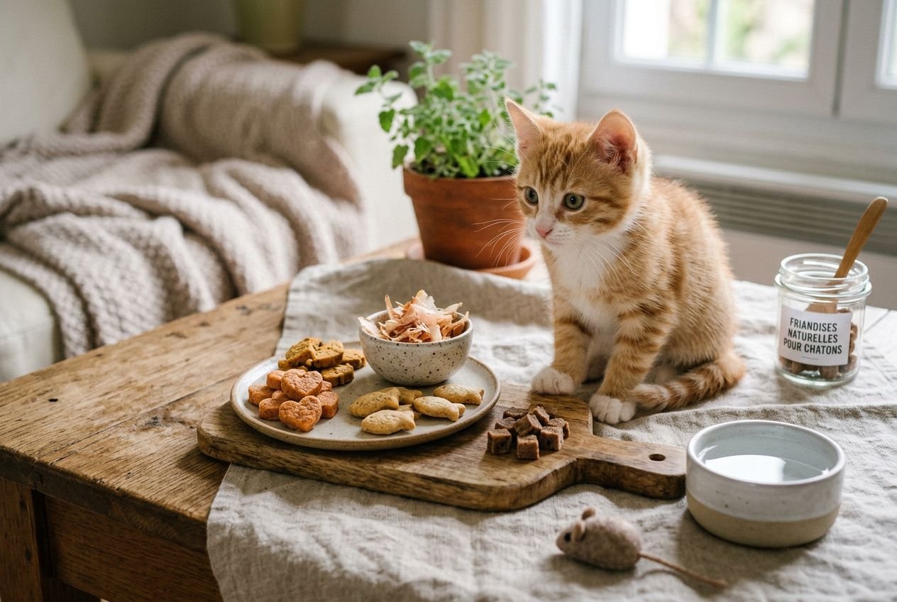 Chaton orange devant un plateau de friandises variées, près d’un pot d’herbes et d’un pot de friandises « friandises naturelles pour chatons ».
