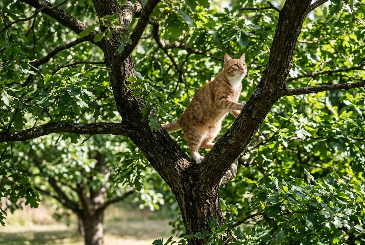 Chaton orange grimpeur dans un arbre dense, milieu extérieur lumineux, en quête d’enrichissement pour chat grâce à l’exploration.