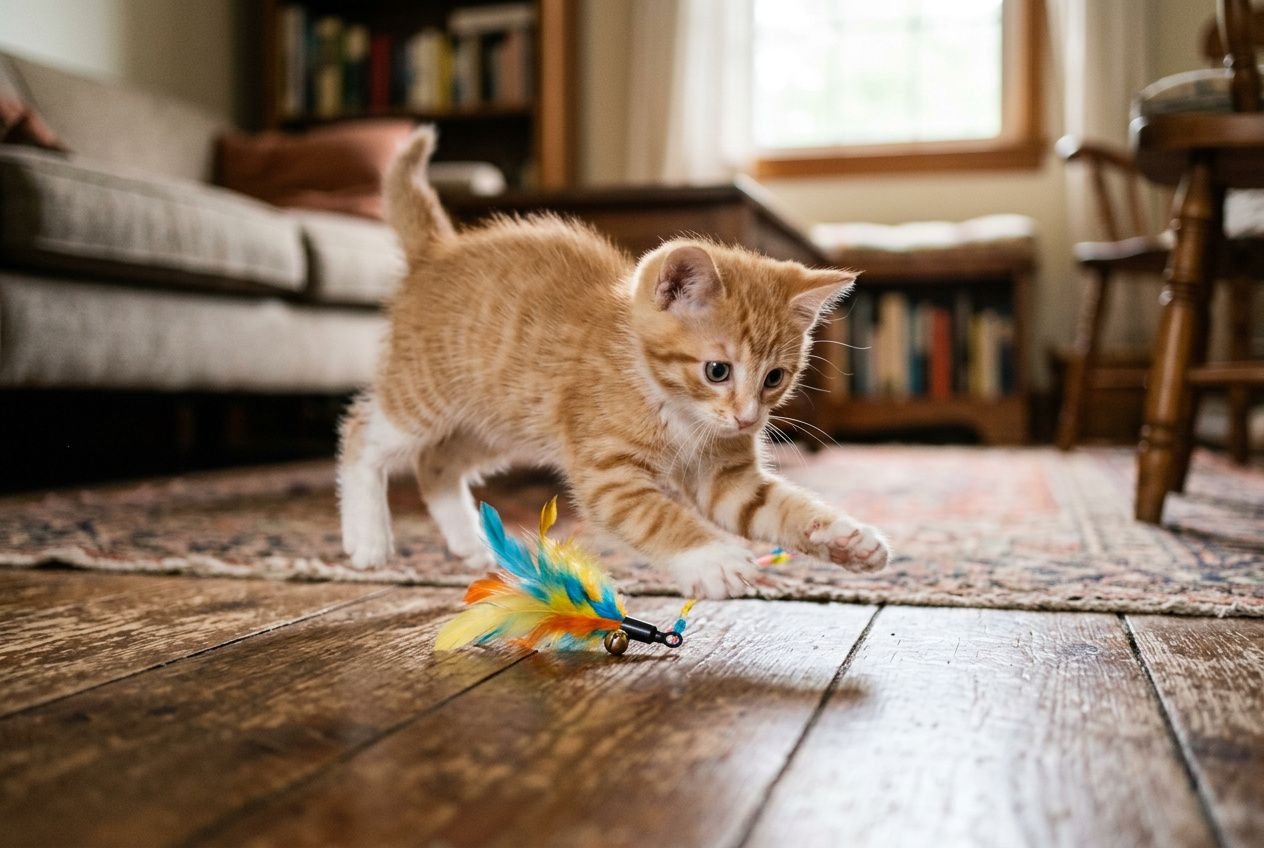 Chaton orange jouant avec un jouet à plumes sur un sol en bois, dans un salon, ambiance chaleureuse. Comment bien jouer avec son chaton.