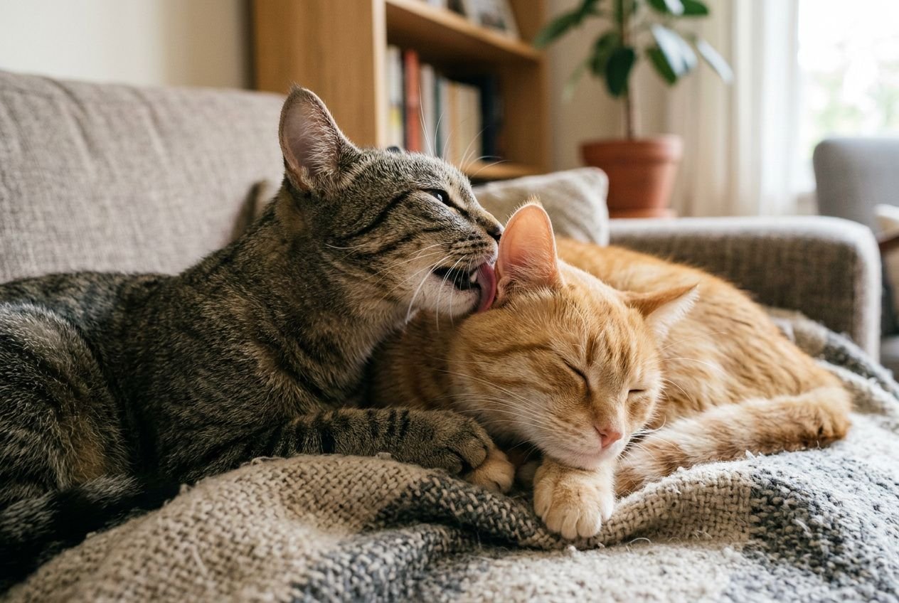 Deux chats sur un canapé : un chat gris mordille légèrement l’oreille de l’autre chat orange, qui se repose les yeux fermés.