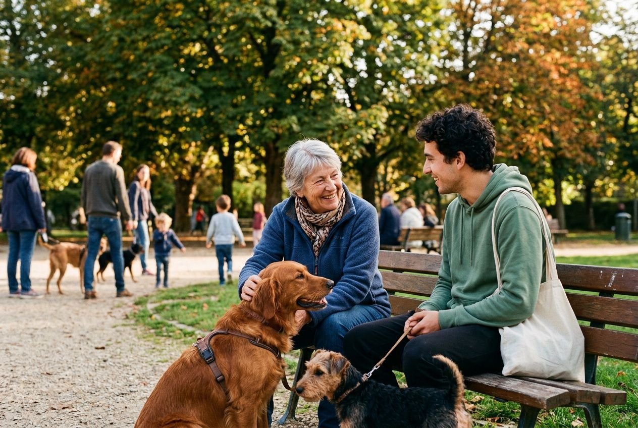 Deux personnes sur un banc d’un parc, un chien marron et un petit chien noirs, échanges souriants; bienfaits animal de compagnie illustrés.