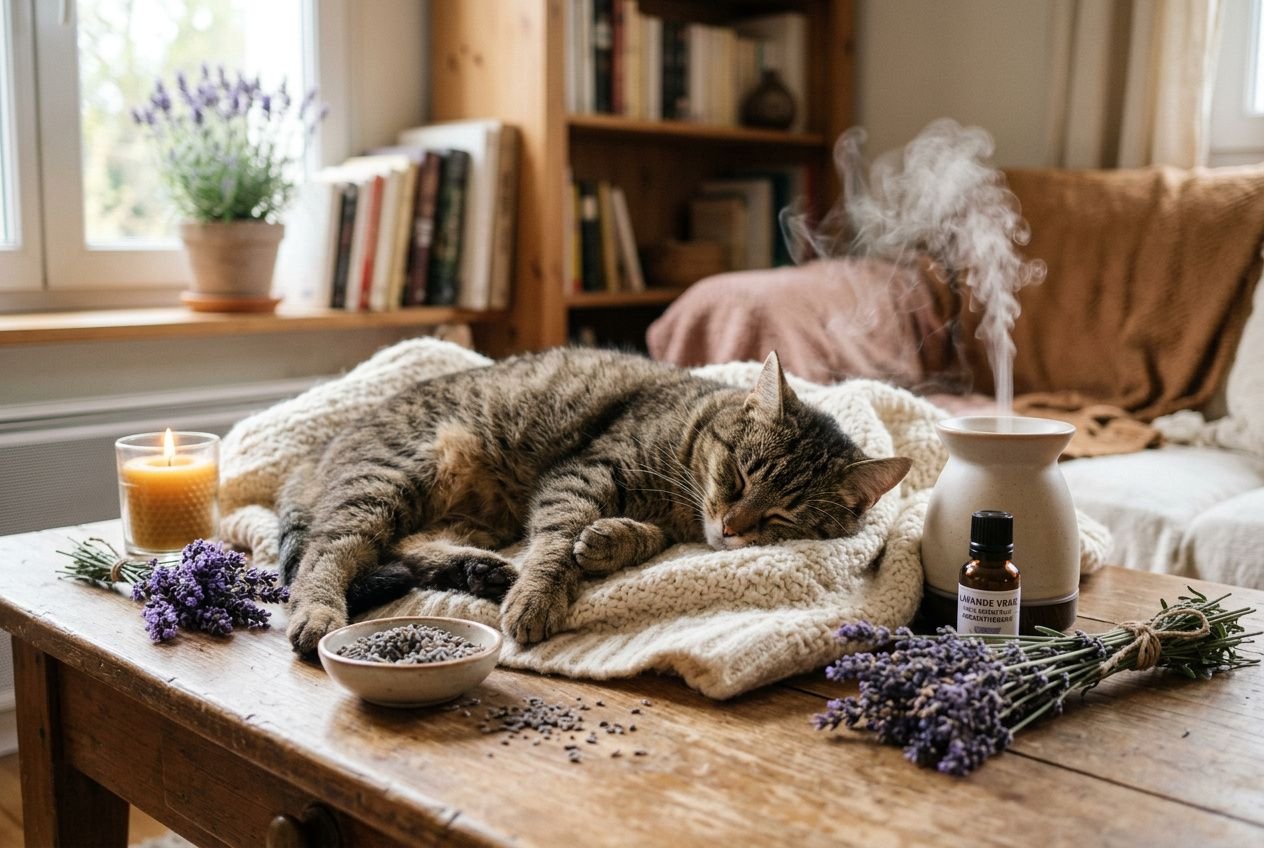 Chat domestique endormi sur une table en bois, entouré de bougie, bouquet de lavande et diffuseur d'huiles, ambiance anti-stress chat naturel.