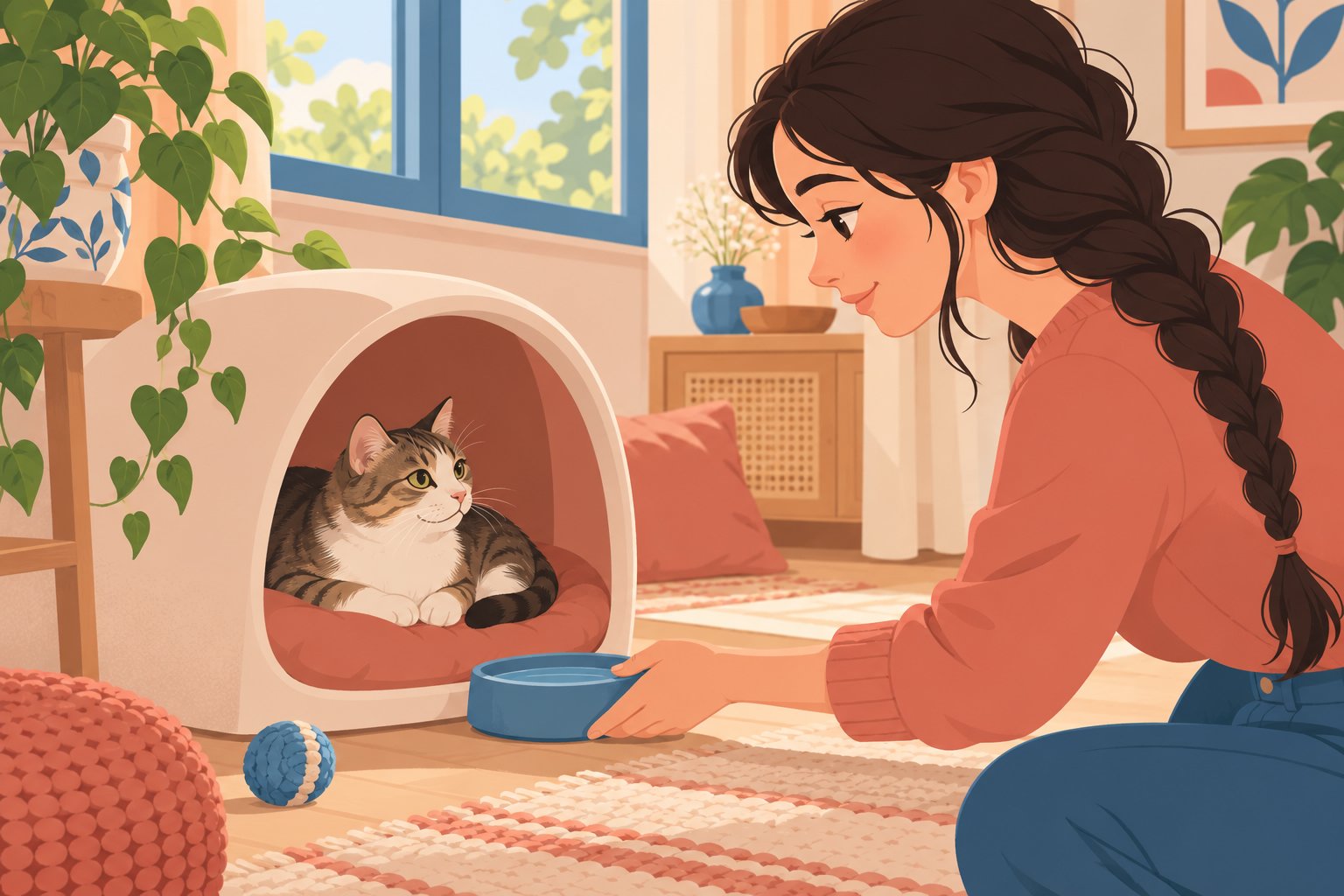 La femme à côté d’un chat installé dans une petite cabane à l’intérieur propose de la nourriture dans un bol bleu.