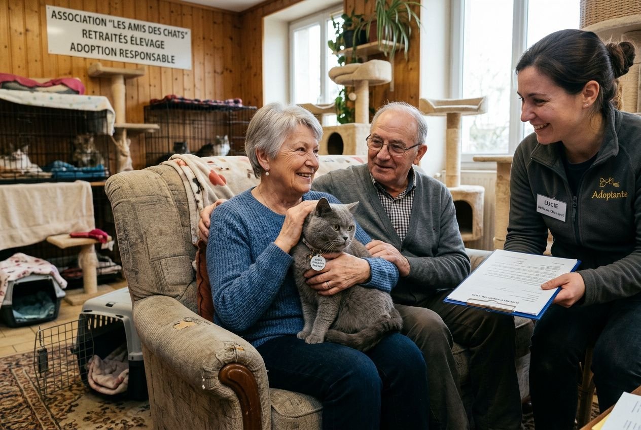 Une femme âgée caresse un chat gris assis sur les genoux d’un homme et d’une autre femme souriants, dans un salon accueillant; une bénévole leur présente un document.