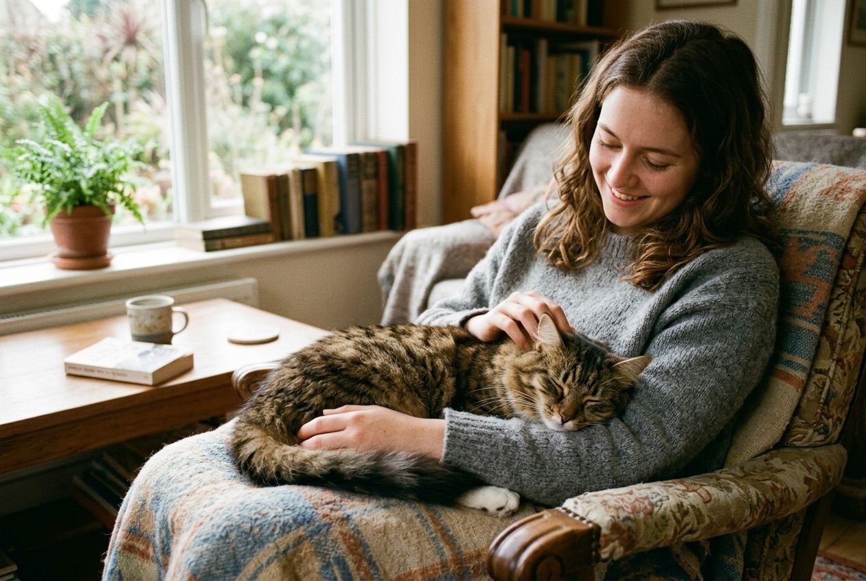 Une femme souriante caressant un chat gris et tabby endormi sur ses genoux dans un salon lumineux.