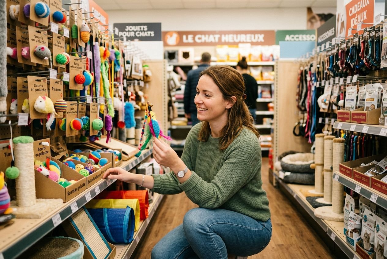 Femme souriante choisissant des jouets et accessoires pour chats dans une animalerie, entourée d’étagères colorées. quoi offrir à quelqu'un qui aime les chats.