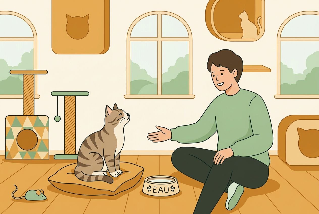 Un homme accueille un chat adulte dans un intérieur chaleureux; chat assis sur un coussin, gamelle d’eau, et mobiliers pour felins autour.