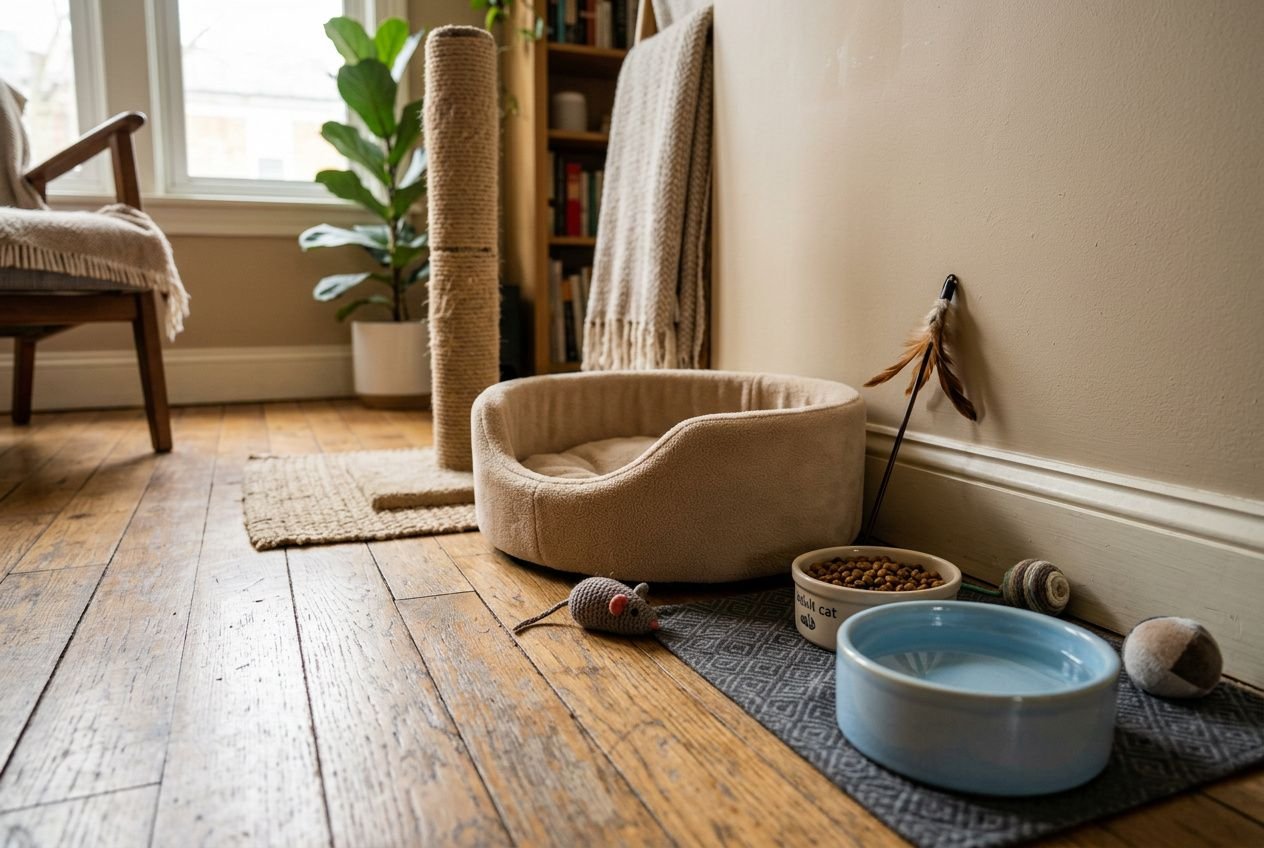Intérieur chaleureux avec panier et gamelles près du mur, prêt pour accueillir un chat adulte.
