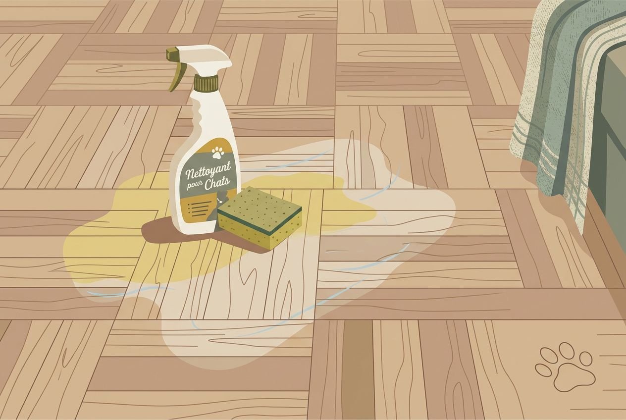 Liquide répandu sur le parquet autour d’une bouteille de nettoyant pour chats et d’une éponge, près d’un coin de tapis et d’un drap. Document visuel lié à "mon chat fait pipi par terre toujours au même endroit".