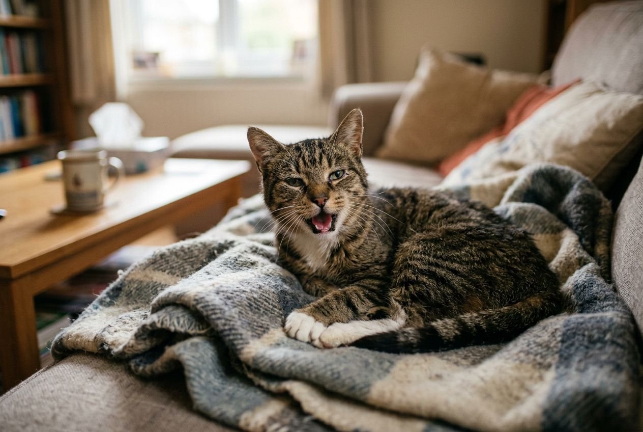 Miaulement d'un chat qui pleure: chat domestique gris tacheté sur une couverture dans le salon, tête ouverte comme s'il miaulait, ambiance lumineuse et cosy.