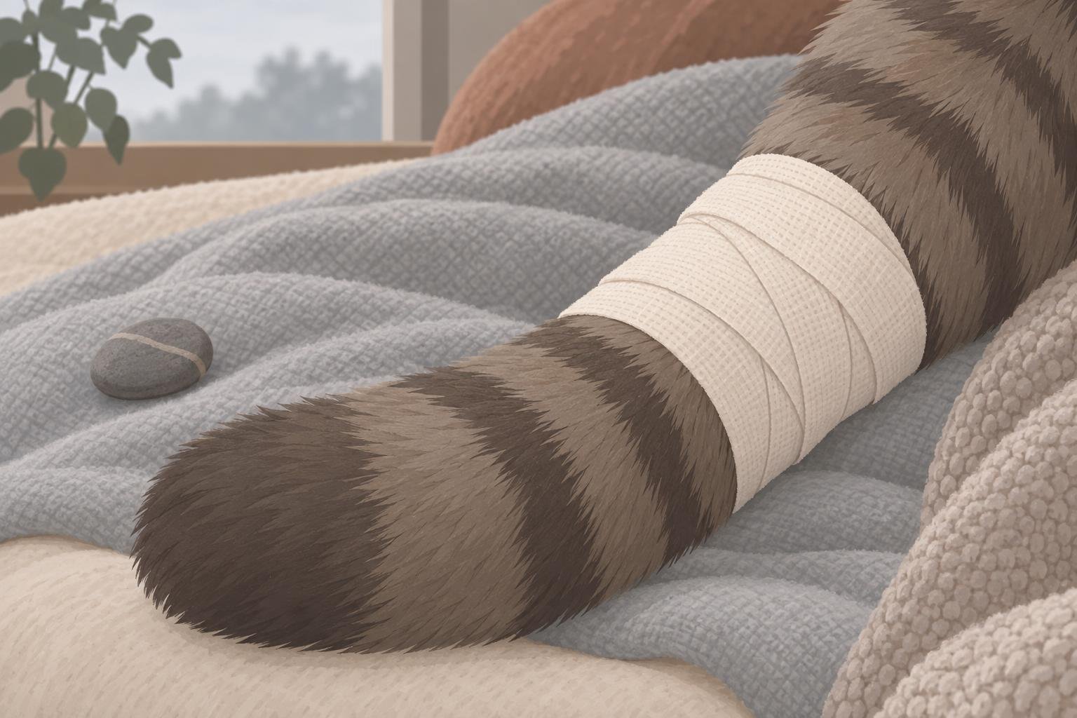 Patte d’un chat blessé avec un bandage autour du poignet posé sur un lit.