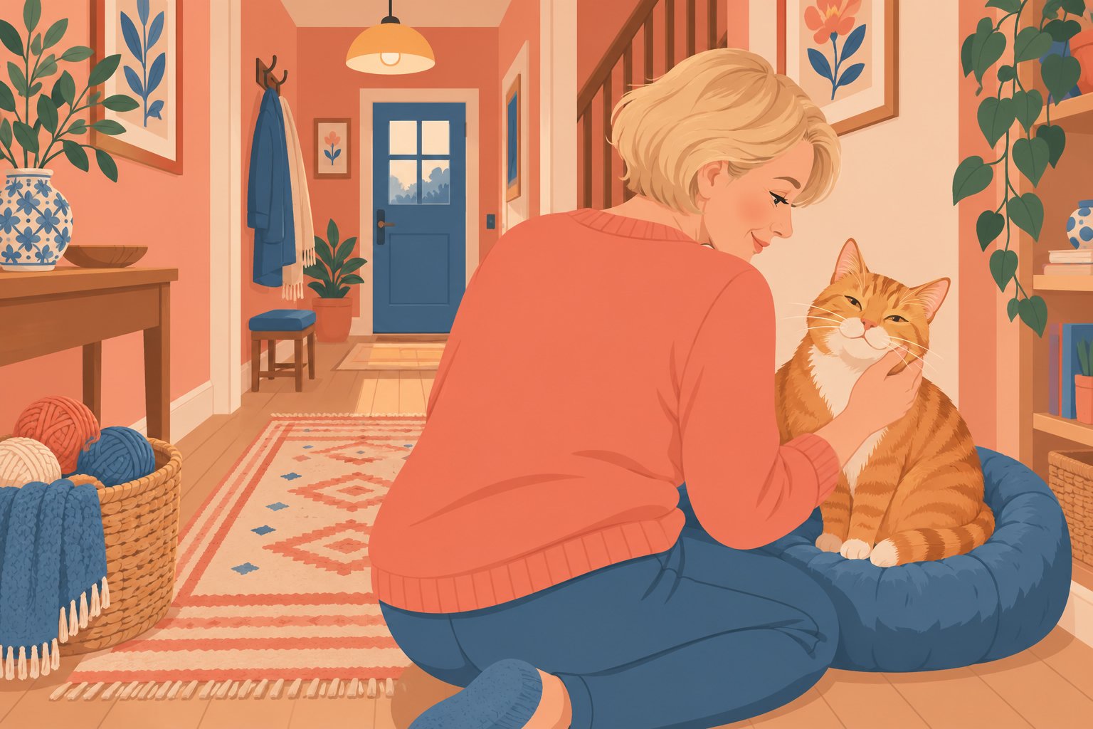 Une personne montre de l’affection à un chat orange assis dans un coussin bleu dans un couloir lumineux.