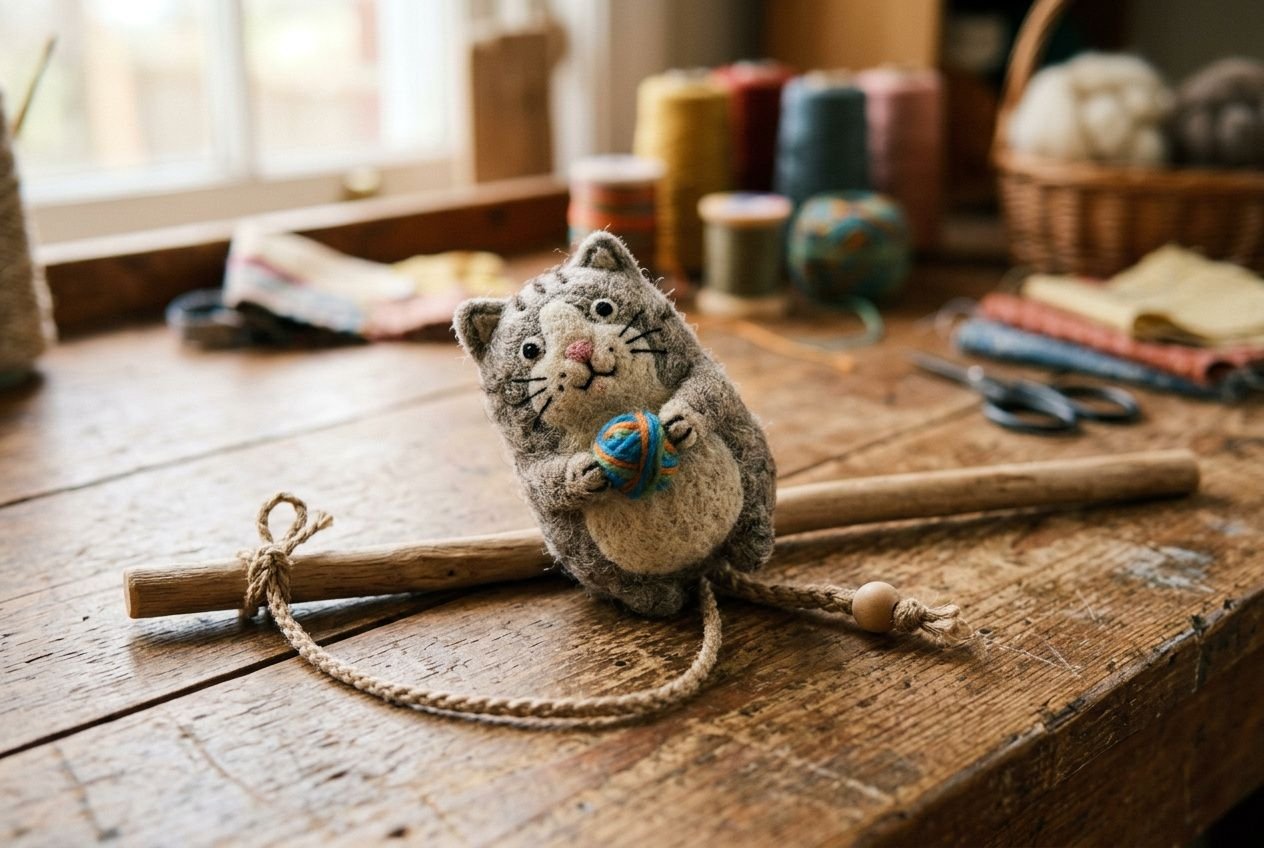 Petit chat en peluche fait main tenant une boule bleue, posé sur une table en bois avec des cordes et outils DIY autour. Jouet chat fait main parfait pour décor ou jeu.