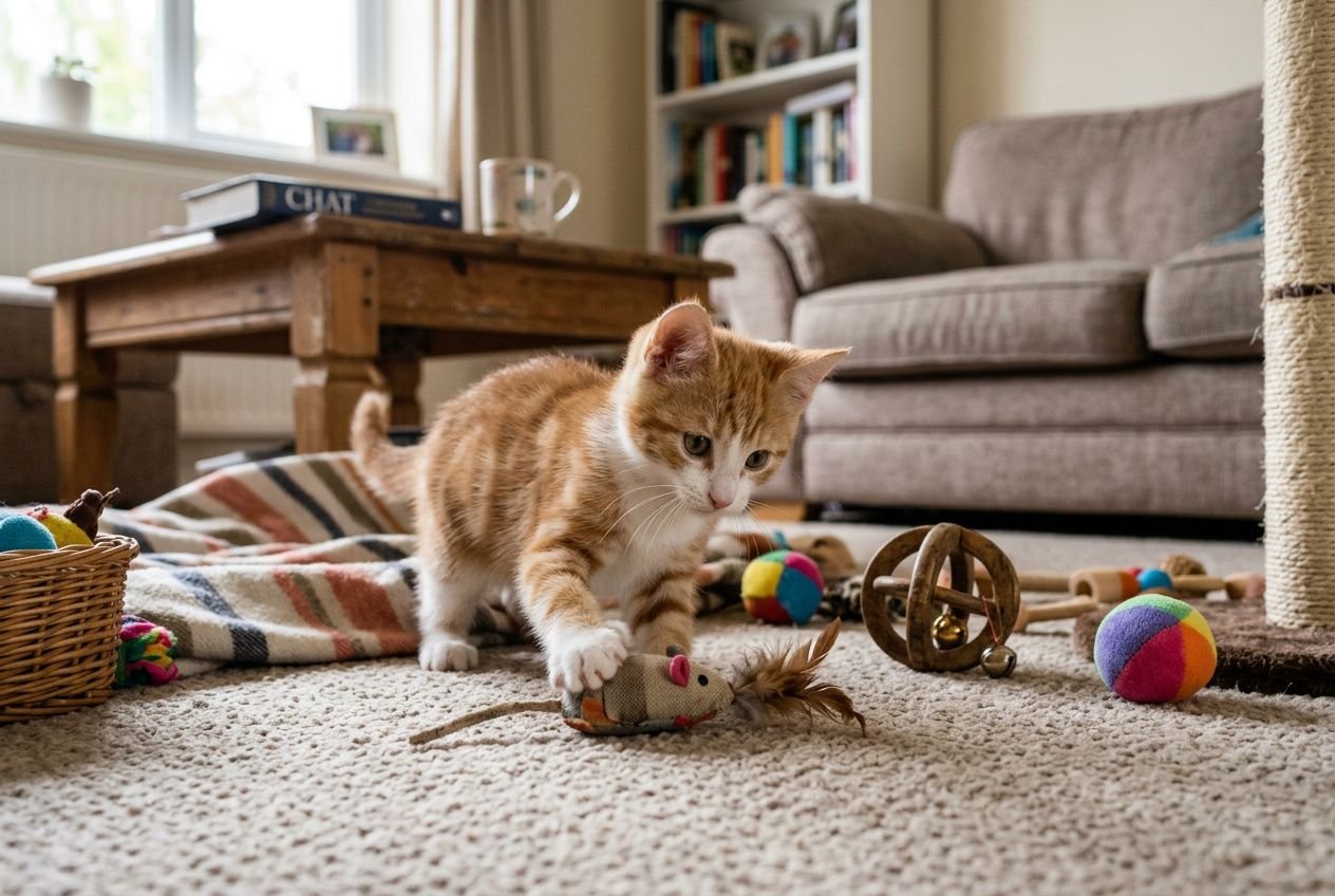 Petit chaton orange explore des jouets colorés dans un salon confortable, prêt à accueillir un chat chez soi.