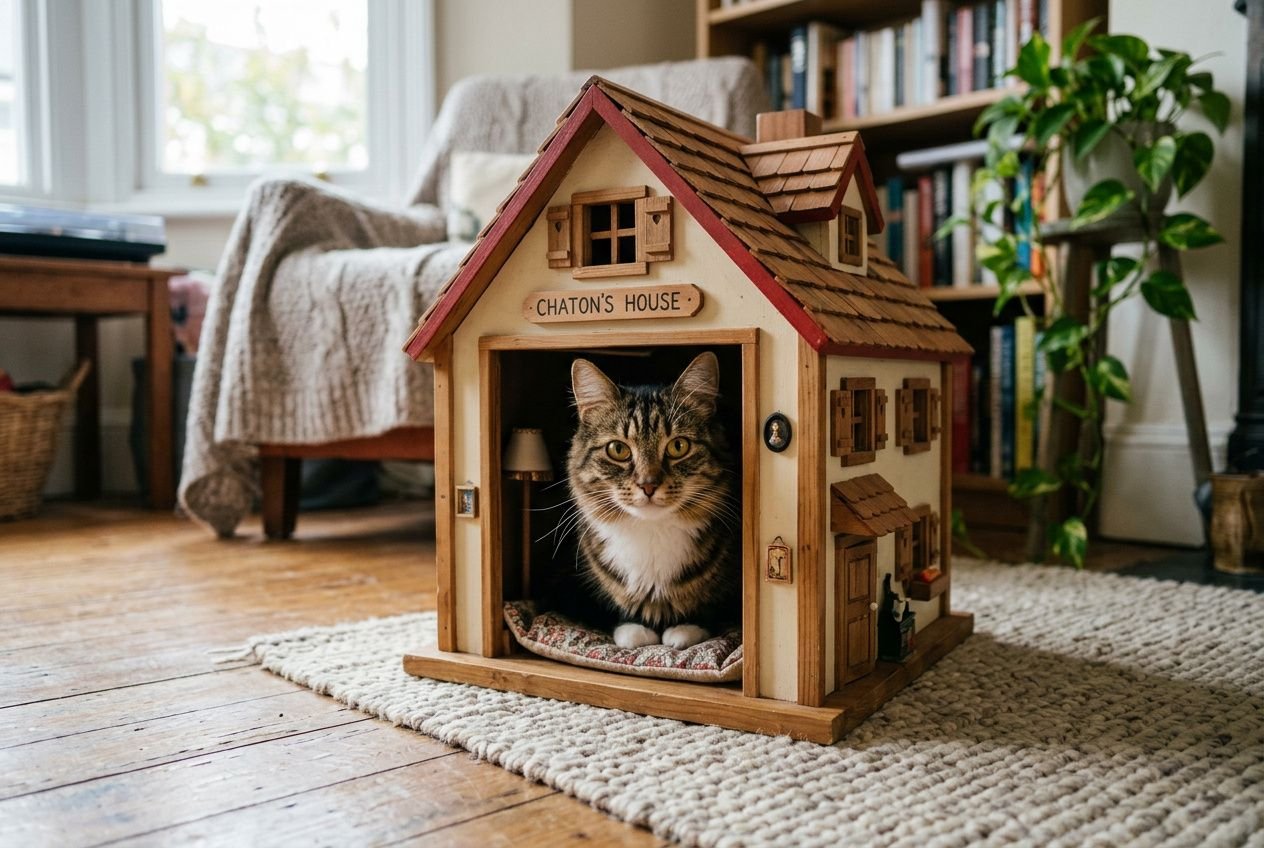 Petit modèle de maison pour chat en bois, avec chat à l’intérieur, posé dans un salon lumineux.