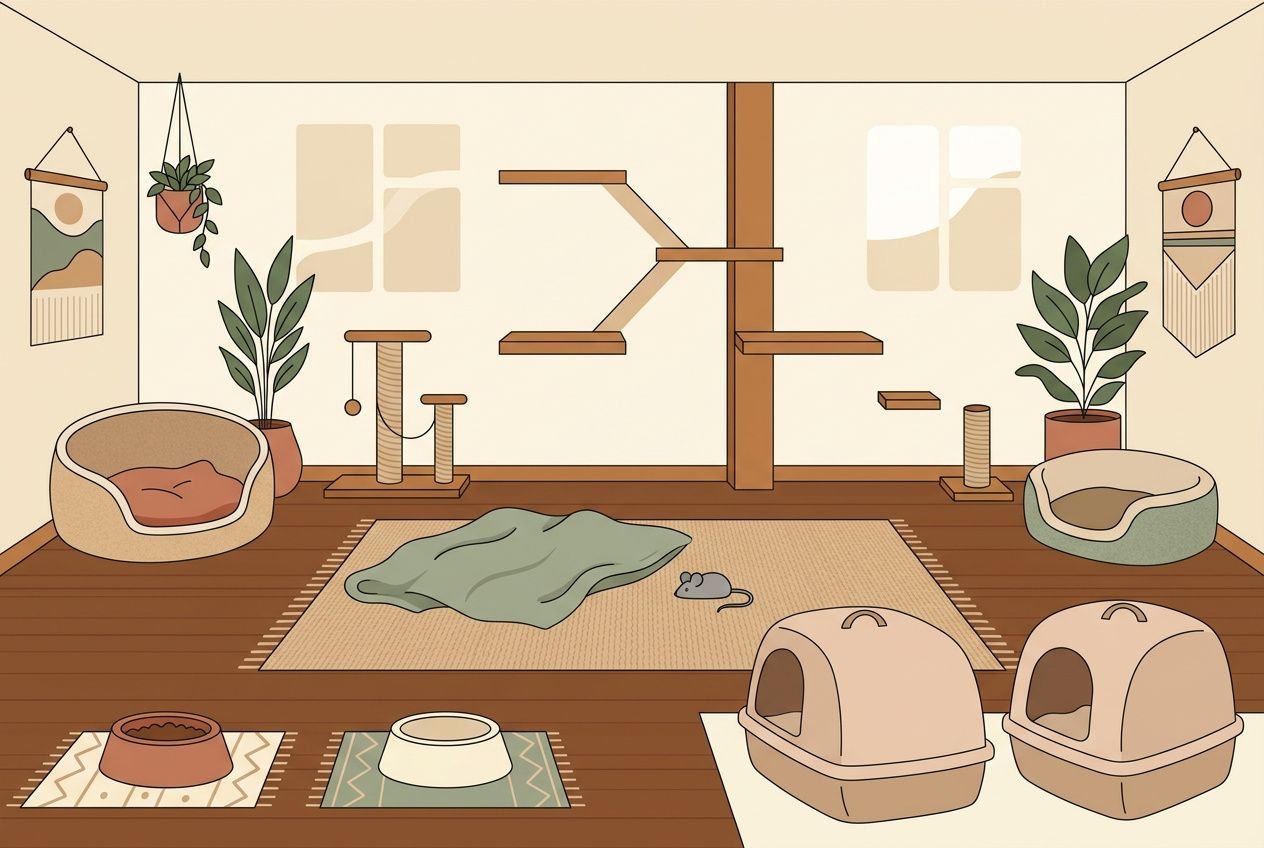 Salon spacieux pour chats avec arbre à chat, plantes et paniers; deux cabanes abritent des chats, tapis et jouets, ambiance calme pour adopter un chat adulte avec d autres chats.