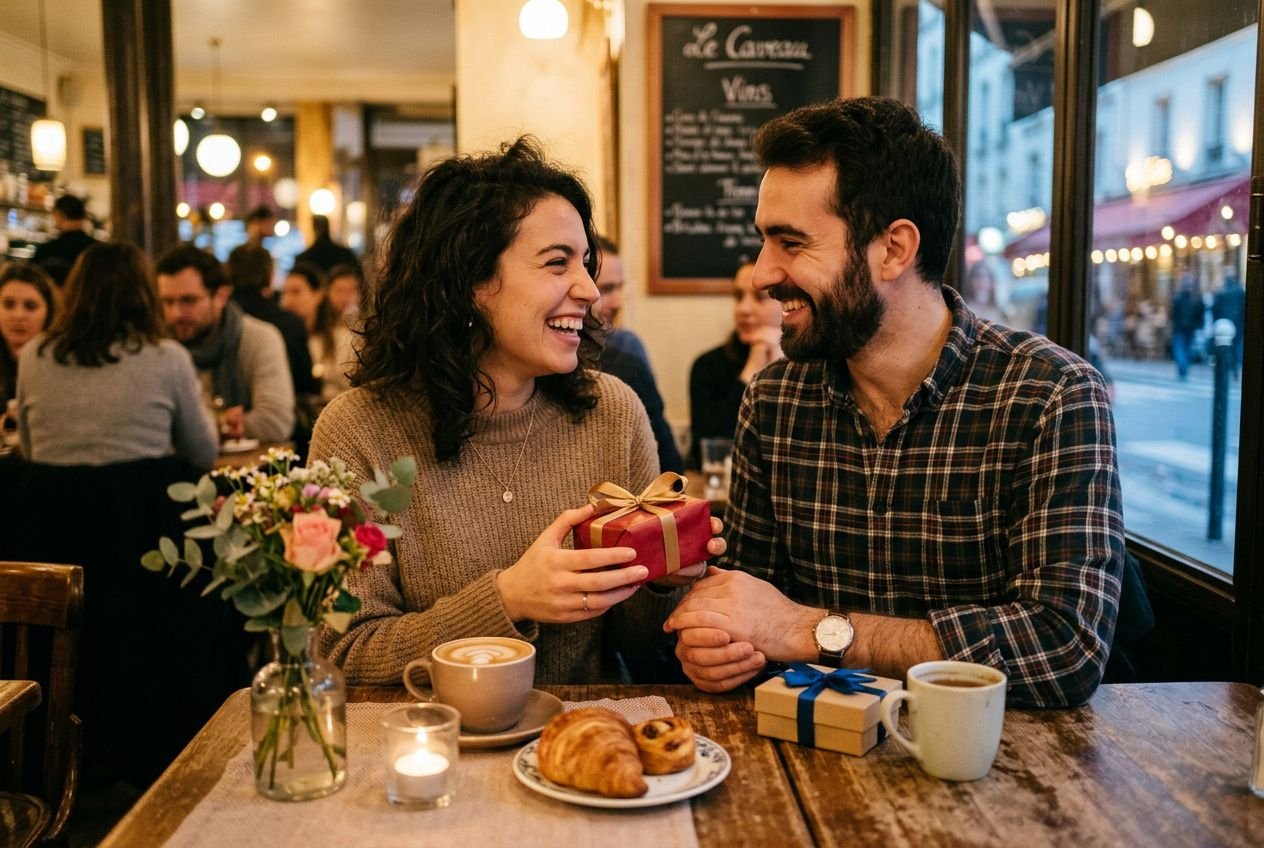 Scène de couple souriant dans un café, échange d’un cadeau enveloppé enrubanné sur fond chaleureux, croissants et boissons sur la table. idées cadeaux pour amoureux des chats? Mentionner un cadeau chat serait naturel.