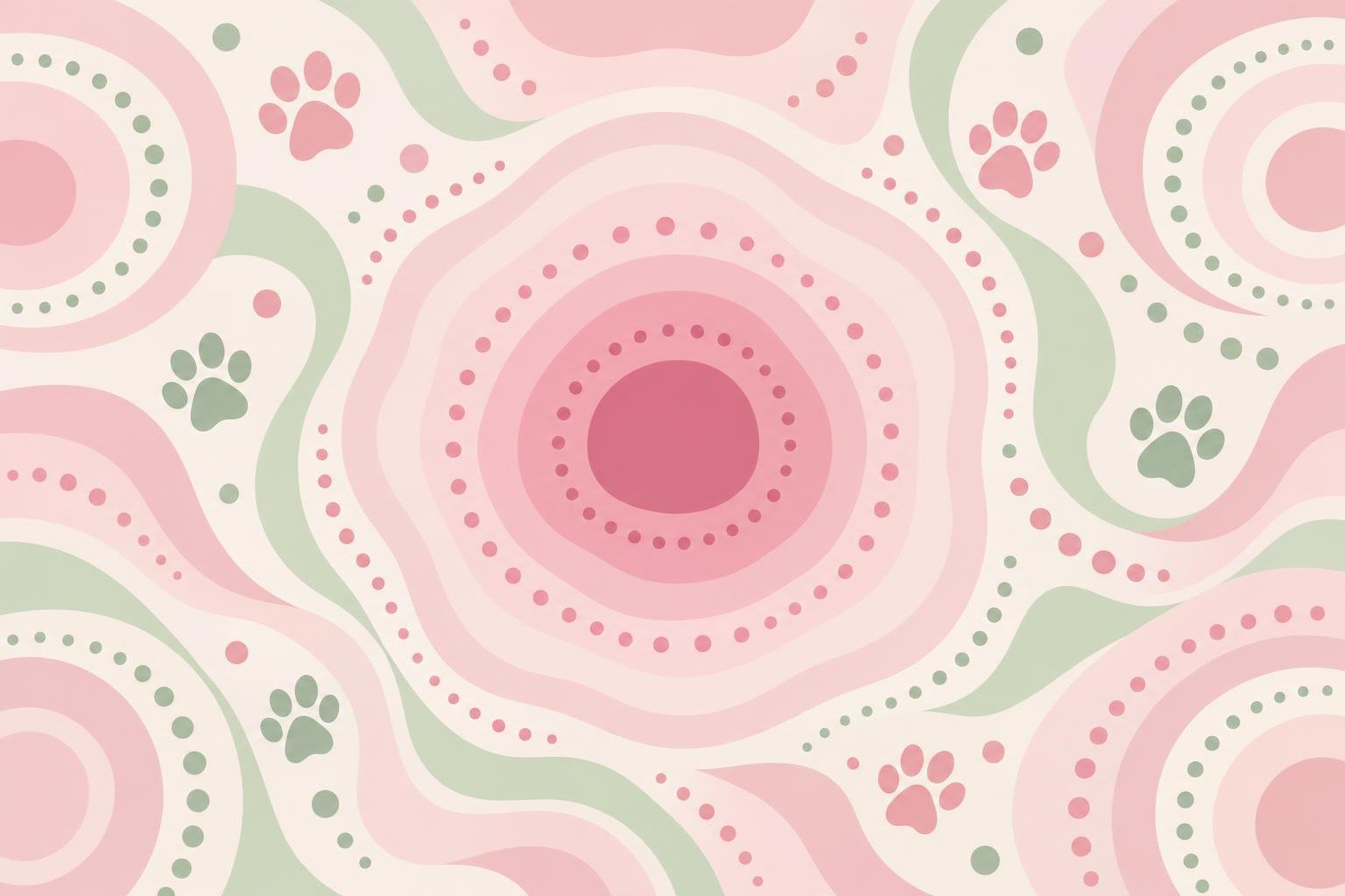 Schéma abstrait de motifs roses et verts with des traces circulaires et des empreintes de patte, fonds pastel. Pourquoi mon chat se lèche les parties intimes intégré avec contexte vétérinaire.
