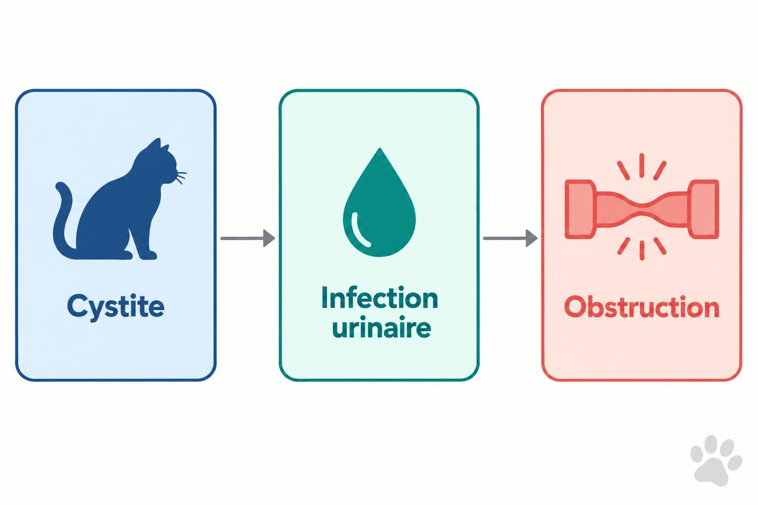 Schéma explicatif avec trois blocs: cystite, infection urinaire et obstruction, chacun relié par des flèches; icône de chat à gauche et patte quadrillée en bas à droite. Alt: schéma médical sur causes d’inconfort urinaire félin. integrate keyword: pourquoi mon chat se lèche les parties intimes.