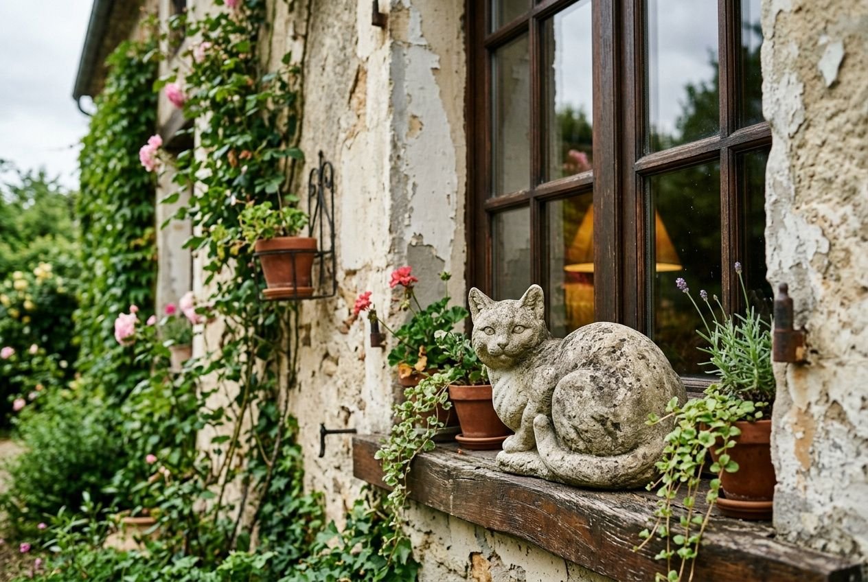 Statue de chat en pierre posée sur une fenêtre de maison, entourée de pots de fleurs et de plantes grimpantes. Déco chat pour maison.