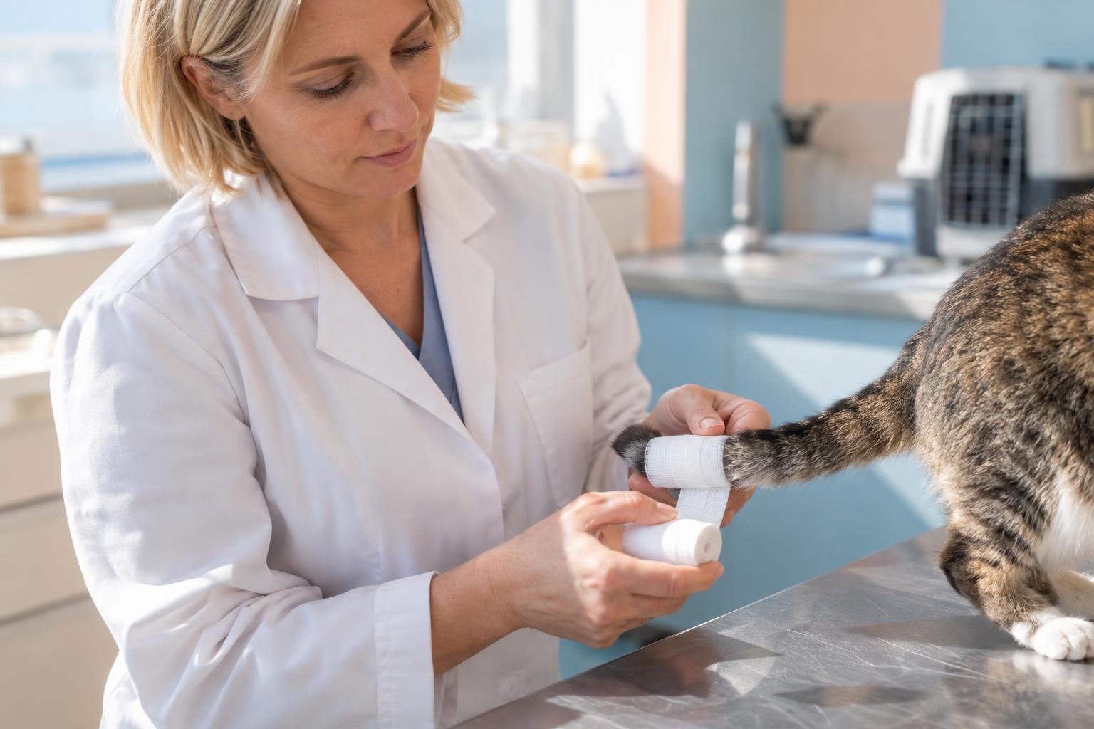 Une vétérinaire en blouse blanche bandant la patte d’un chat sur une table d’examen.