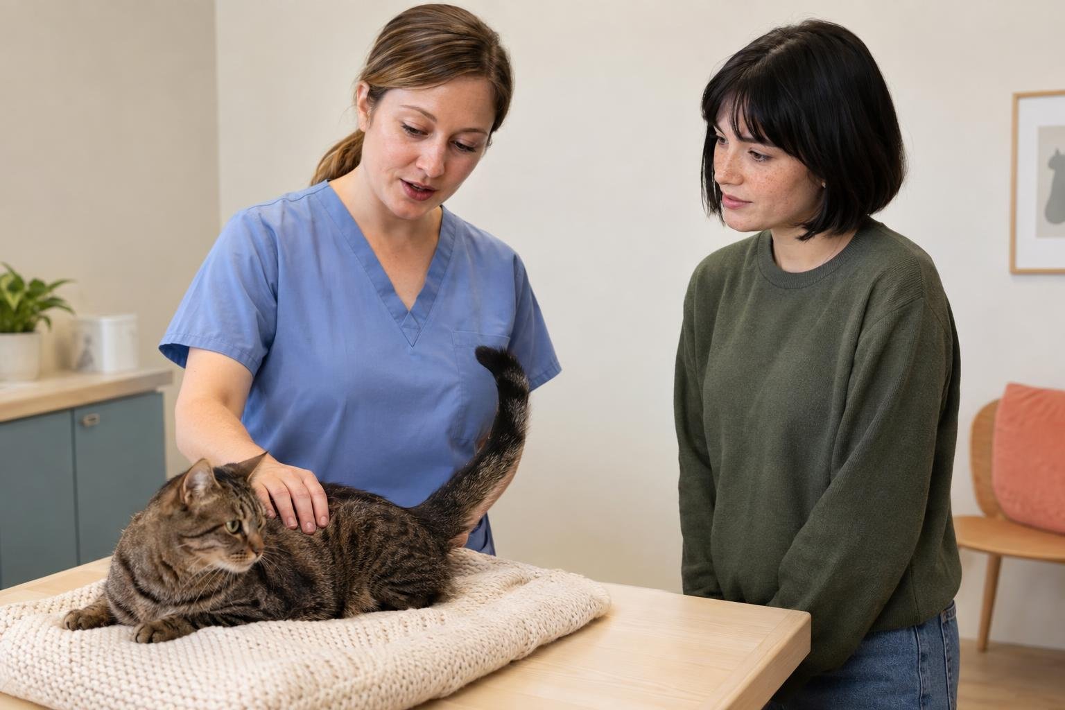 Une vétérinaire en blouse bleue caresse la queue d’un chat posé sur une couverture sur une table, tandis qu’une jeune femme