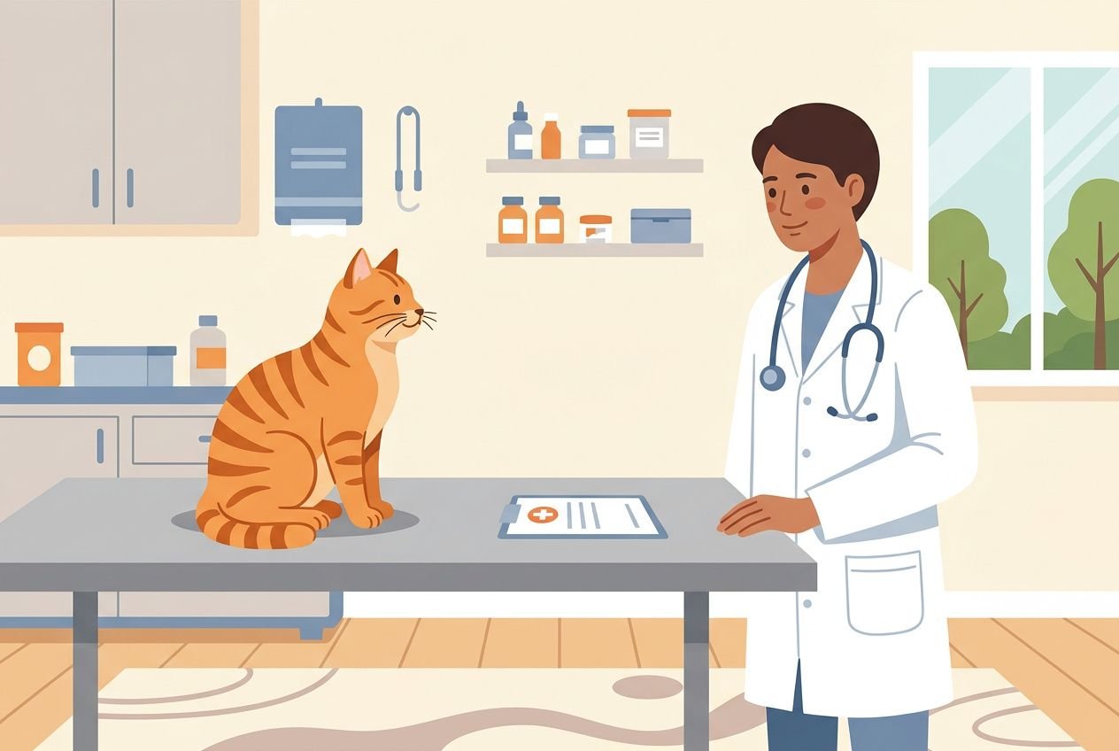 Vétérinaire examinant un chat orange sur une table d’examen, dans une clinique; consultable pour comprendre pourquoi mon chat grossit sans raison et discuter du surpoids.