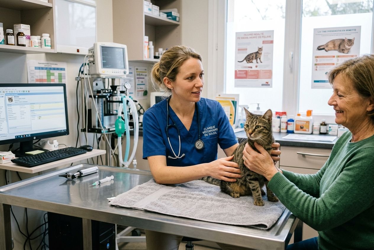 Vétérinaire examinant un chat sur une table d’examen, assistante et patient félin rassuré par une femme âgée dans une clinique. (signes de dépression chez un chat)